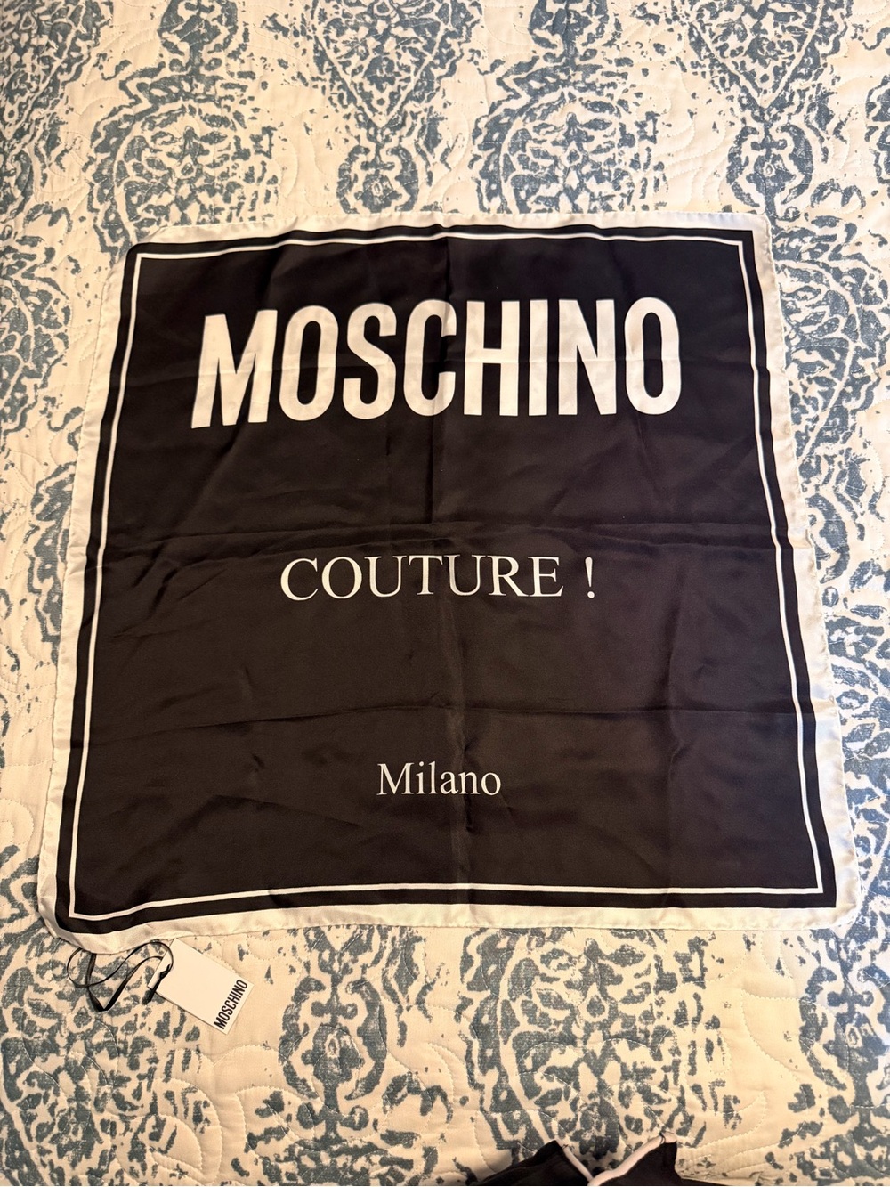 Moschino Black and White Logo Silk Scarf